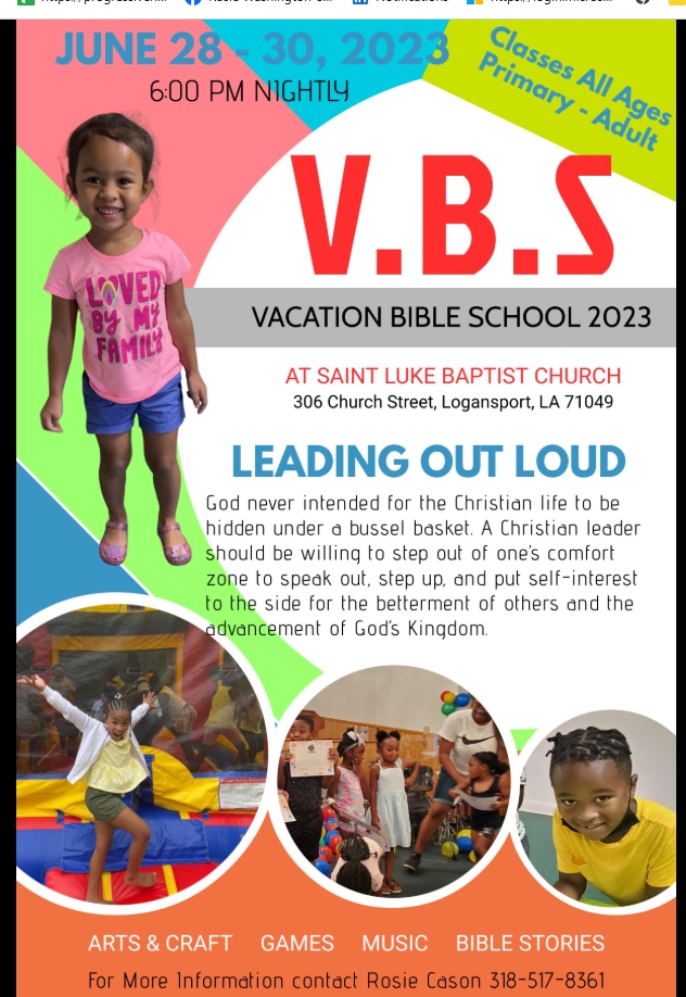 Vacation Bible School 2023 flyer with activity photos and event details